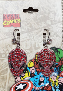 Marvel Comics "SPIDER-MAN Mask" Simulated Ruby Red Pave, Leverback EARRINGS, in Silvertone 