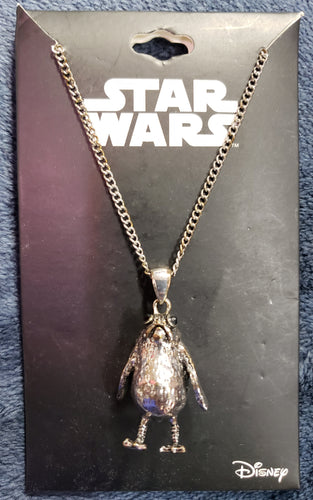 Disney STAR WARS Porg Charm (3D Metal) Long Necklace, Silver Tone