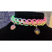Load image into Gallery viewer, Rainbow Nylon Choker, Adjustable to 14" with Iridescent "Dragon Scale" Charms, Stainless Steel Chain