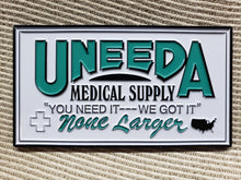 Load image into Gallery viewer, &quot;The Return of The Living Dead&quot; Movie Prop Replica, UNEEDA Medical Supply 2.5&quot; x 4.5&quot; Sign, BAM! Horror