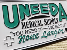 Load image into Gallery viewer, &quot;The Return of The Living Dead&quot; Movie Prop Replica, UNEEDA Medical Supply 2.5&quot; x 4.5&quot; Sign, BAM! Horror