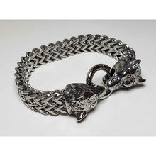 Load image into Gallery viewer, Double Wolf Head, Stainless Steel 8.5" Unisex Bracelet, Hinge Ring Clasp