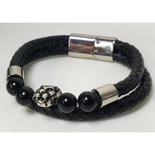 Load image into Gallery viewer, Men's Genuine Black Leather &amp; Oxidized Stainless Steel Bracelet w Agate &amp; Lion