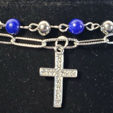 Load image into Gallery viewer, Lapis Lazuli &amp; Stainless Steel Bracelet, 25 ctw,  7.5" w Austrian Crystal Cross