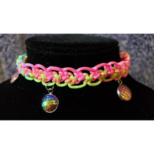 Load image into Gallery viewer, Rainbow Nylon Choker, Adjustable to 14" with Iridescent "Dragon Scale" Charms, Stainless Steel Chain