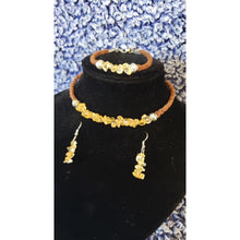 Load image into Gallery viewer, Golden Quartz Gemstone &amp; Genuine Brown Leather Set. Choker, Bracelet &amp; Earrings. Fully adjustable