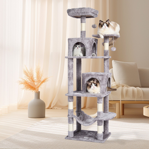 VEVOR Cat Tree 63" Cat Tower with 2 Cat Condos Sisal Scratching Post Light Grey