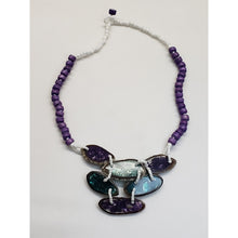 Load image into Gallery viewer, Purple Wood &amp; White Glass Beaded 18" Necklace With Shell Chips In Resin