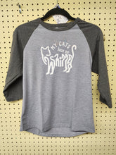 Load image into Gallery viewer, Front view of youth large heather grey and charcoal raglan tee with cat graphic
