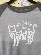 Load image into Gallery viewer, Close-up of youth large collar tag, brand tag, and My Cats Have Me Whipped chest graphic