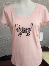 Load image into Gallery viewer, Front view of light pink scoop neck t-shirt on mannequin with black cat typography graphic