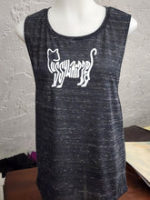 Load image into Gallery viewer, Front view of charcoal slub muscle tank on mannequin with white cat typography graphic