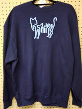 Load image into Gallery viewer, Front view of navy crewneck sweatshirt with light blue cat typography graphic