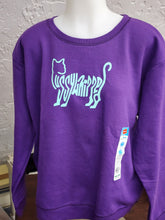 Load image into Gallery viewer, Front view of purple crewneck sweatshirt on mannequin with mint cat typography graphic