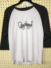 Load image into Gallery viewer, Front view of adult white and black raglan baseball tee with cat typography graphic