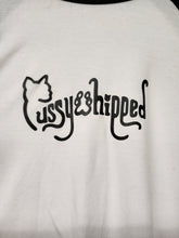 Load image into Gallery viewer, Close-up of black cat silhouette typography graphic on white shirt