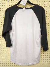 Load image into Gallery viewer, Back view of adult black and white raglan baseball shirt