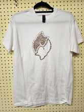 Load image into Gallery viewer, Front view of white crewneck t-shirt hanging flat with leopard print cat silhouette