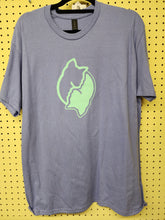 Load image into Gallery viewer, Front view of heather slate blue crewneck t-shirt hanging flat with lime green dual cat silhouette