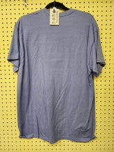 Load image into Gallery viewer, Back of heather slate blue crewneck t-shirt with hangtag