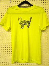 Load image into Gallery viewer, Front view of neon safety yellow performance t-shirt with black cat typography graphic