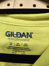 Load image into Gallery viewer, Gildan Performance collar stamp showing 100% Polyester and Men's Small