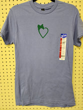 Load image into Gallery viewer, Front view of heather slate blue crewneck t-shirt with green cat heart chest graphic