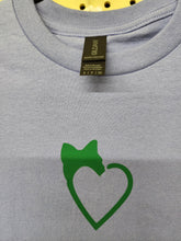 Load image into Gallery viewer, Close-up of green cat heart design and Gildan Heavy Cotton size Small collar tag