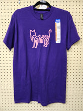 Load image into Gallery viewer, Front view of purple crewneck t-shirt with pink cat typography graphic and size sticker