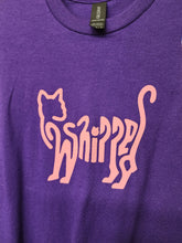 Load image into Gallery viewer, Close-up of pink cat typography graphic on purple fabric