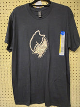 Load image into Gallery viewer, Front view of dark heather crewneck t-shirt with leopard spot dual cat silhouette graphic
