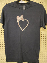 Load image into Gallery viewer, Front view of dark heather charcoal crewneck t-shirt with leopard print cat heart graphic
