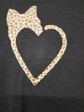 Load image into Gallery viewer, Close-up of leopard animal print cat heart shape graphic on dark heather fabric