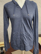 Load image into Gallery viewer, Front view on mannequin of JanSport heather slate blue full zip hoodie