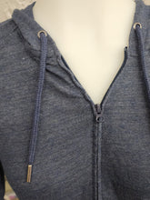 Load image into Gallery viewer, Close-up of hood drawstrings with metal aglets and zipper pull slate blue