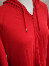 Load image into Gallery viewer, Close-up of hood drawstrings and zipper pull red