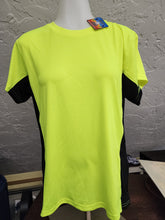 Load image into Gallery viewer, Front view on mannequin of Blue Generation neon yellow and black tee size L