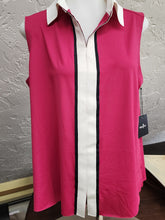 Load image into Gallery viewer, Front view on mannequin of Belyn Key sleeveless polo top with white collar and black and white stripe placket
