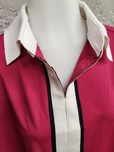Load image into Gallery viewer, Close-up of white collar and striped center trim on pink polo top