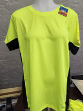 Load image into Gallery viewer, Front view on mannequin of Blue Generation neon yellow and black tee size XL