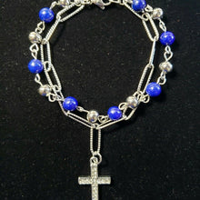 Load image into Gallery viewer, Lapis Lazuli &amp; Stainless Steel Bracelet, 25 ctw,  7.5" w Austrian Crystal Cross