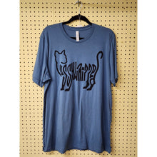 Load image into Gallery viewer, XL &quot;Pussywhipped&quot;, Cat Lover T-Shirt, Kitten Logo, Solid Black On Slate Blue