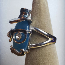 Load image into Gallery viewer, Size 8 Simulated Blue Cat's Eye 7.4 ctw, White Austrian Crystal, Enameled,...