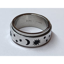 Load image into Gallery viewer, Size 6 Cosmic Moons Stars Silver Tone Stainless Steel Fidget Spinner Ring