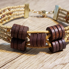 Load image into Gallery viewer, Genuine Leather Bracelet with Wood Beads, Wire &amp; G