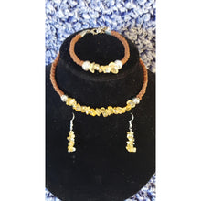 Load image into Gallery viewer, Golden Quartz Gemstone &amp; Genuine Brown Leather Set. Choker, Bracelet &amp; Earrings. Fully adjustable