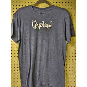 Small "Pussywhipped", Cat Lover T-Shirt, Text Logo, White On Blue