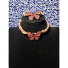 Load image into Gallery viewer, Genuine Pink Leather Set with Austrian Crystal &amp; Stainless Steel Butterfly. Choker &amp; Bracelet, adjus