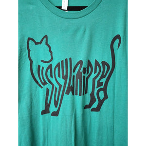 "Pussywhipped", Cat Lover T-Shirt, Solid Black Kitten Logo on Kelly Green Shirt