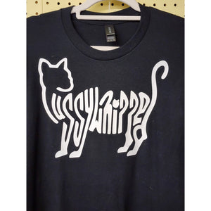 XL "Pussywhipped", Cat Lover T-Shirt, Kitten Logo, Solid White On Black